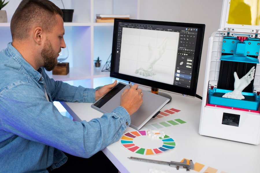 Lifestyle of designer using a 3d printer for graphic design